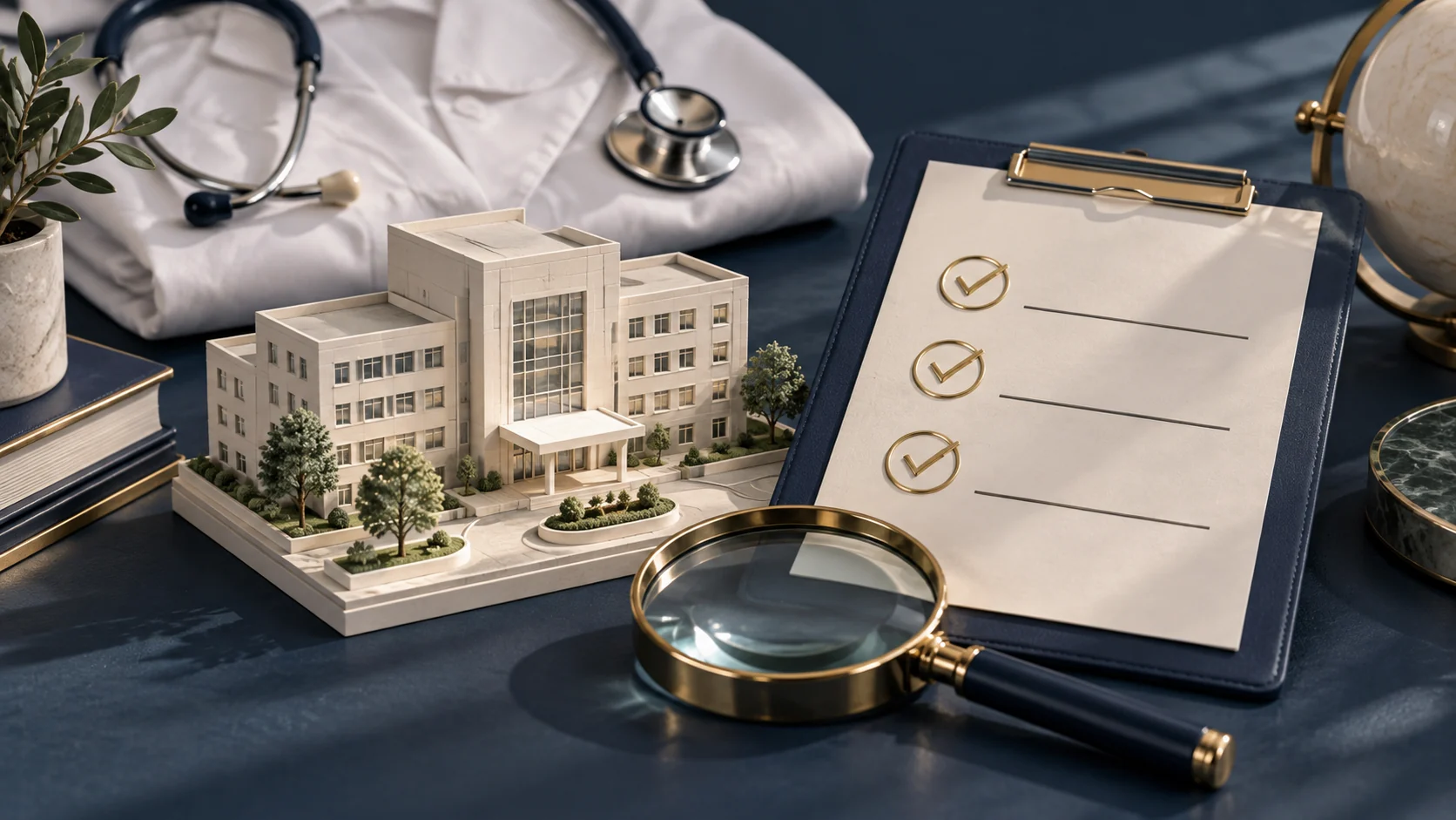 Hospital model, checklist and magnifying glass symbolising informed provider selection