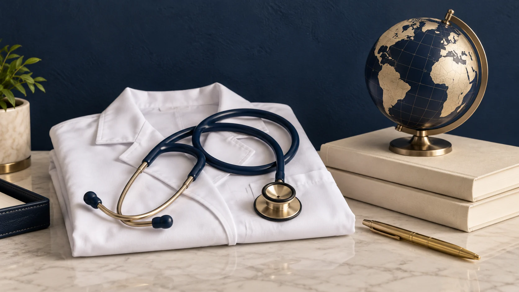 White coat, books and globe symbolising medical education and international coordination