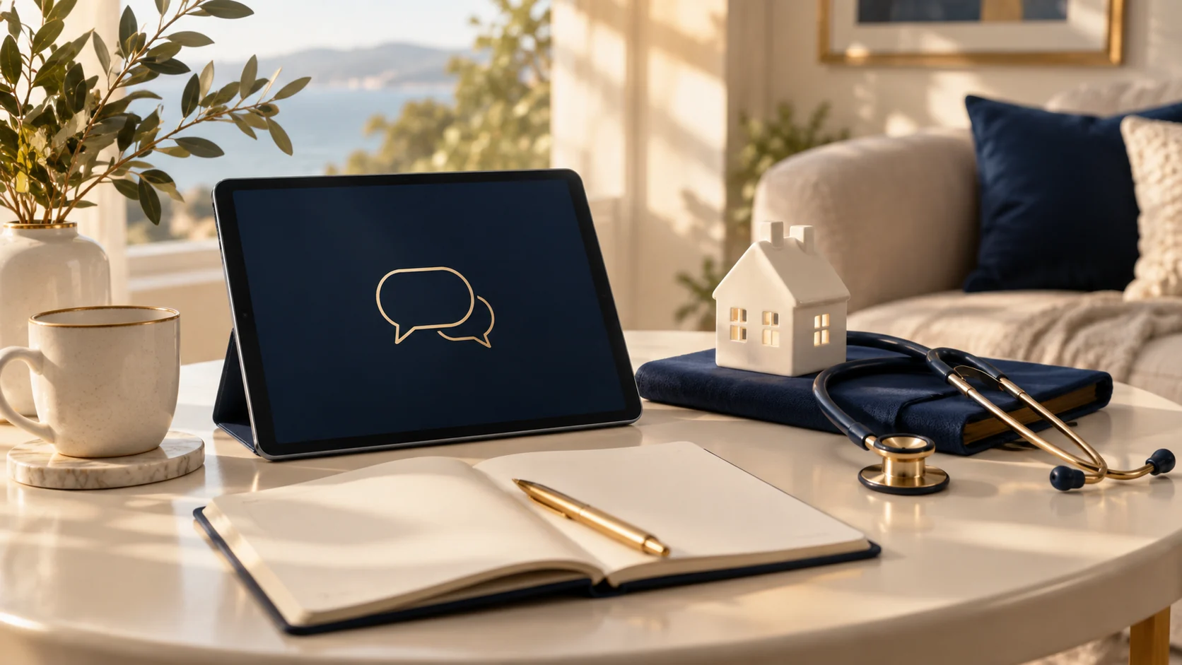 Tablette, maquette de maison et stéthoscope illustrant le contact après le retour