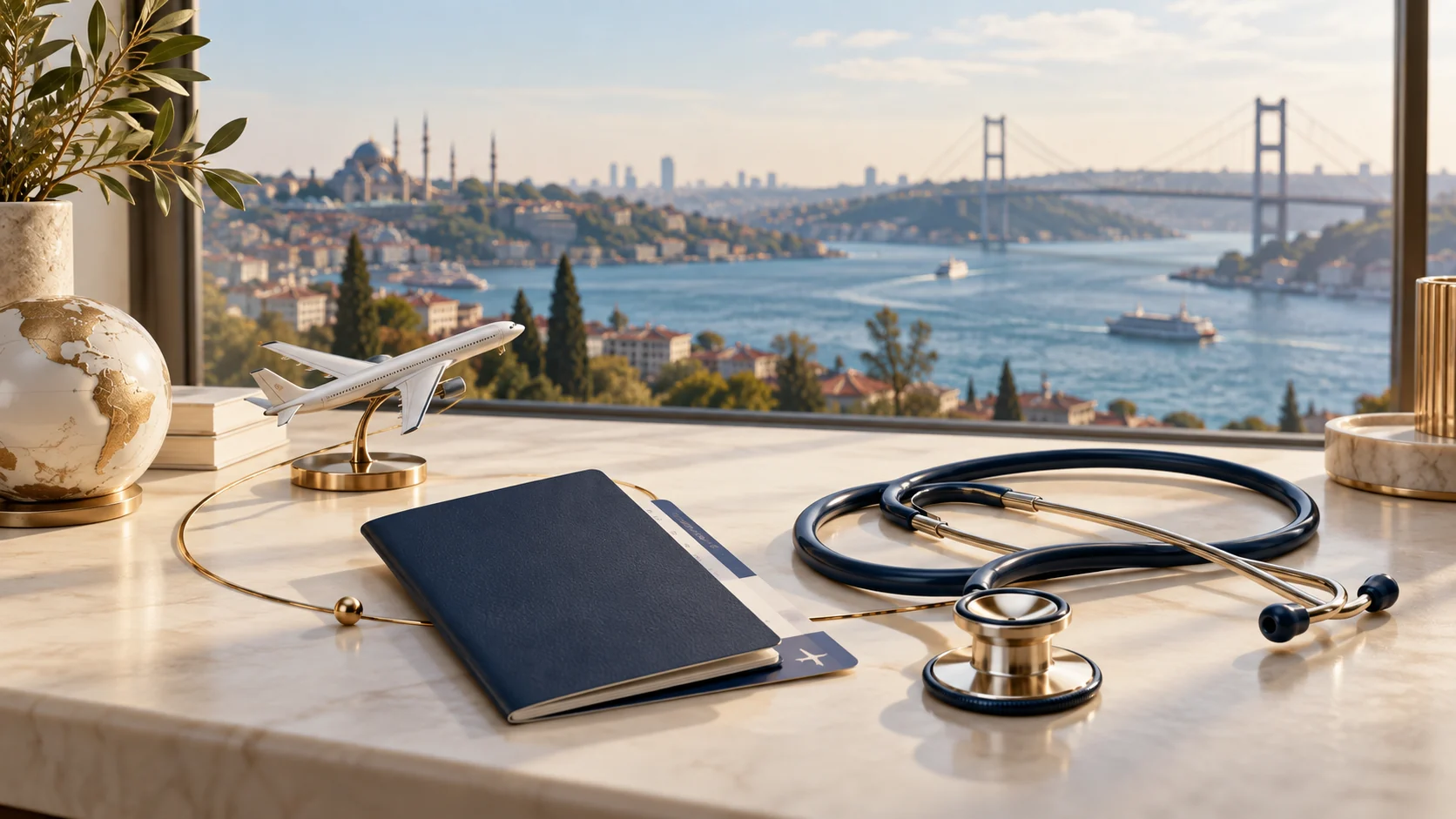 Airplane model, travel document and stethoscope overlooking Istanbul